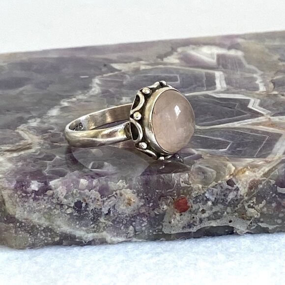 Sterling Silver 925 Round Bezel Set Rose Quartz Cabochon Band Ring Size 6 - Picture 13 of 16